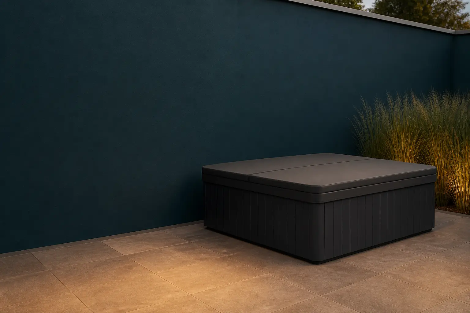 Geschlossener moderner Outdoor-Whirlpool auf einer sorgfältig angelegten Gartenterrasse